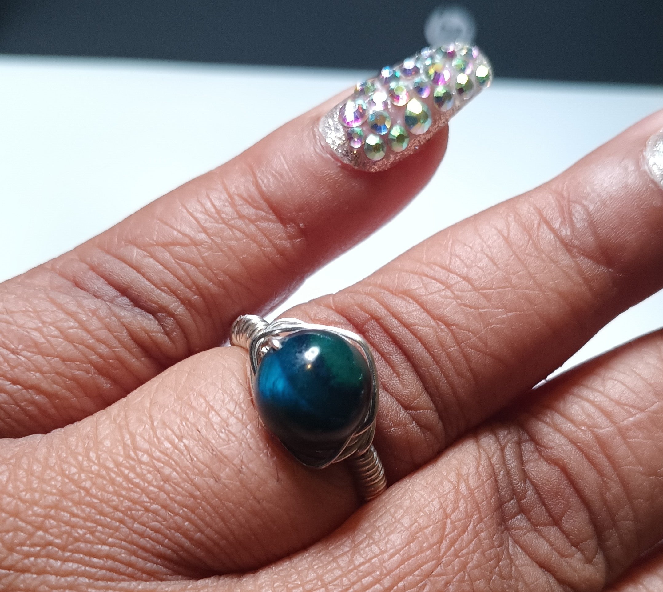 Teal Tigers Eye Single Stone Ring