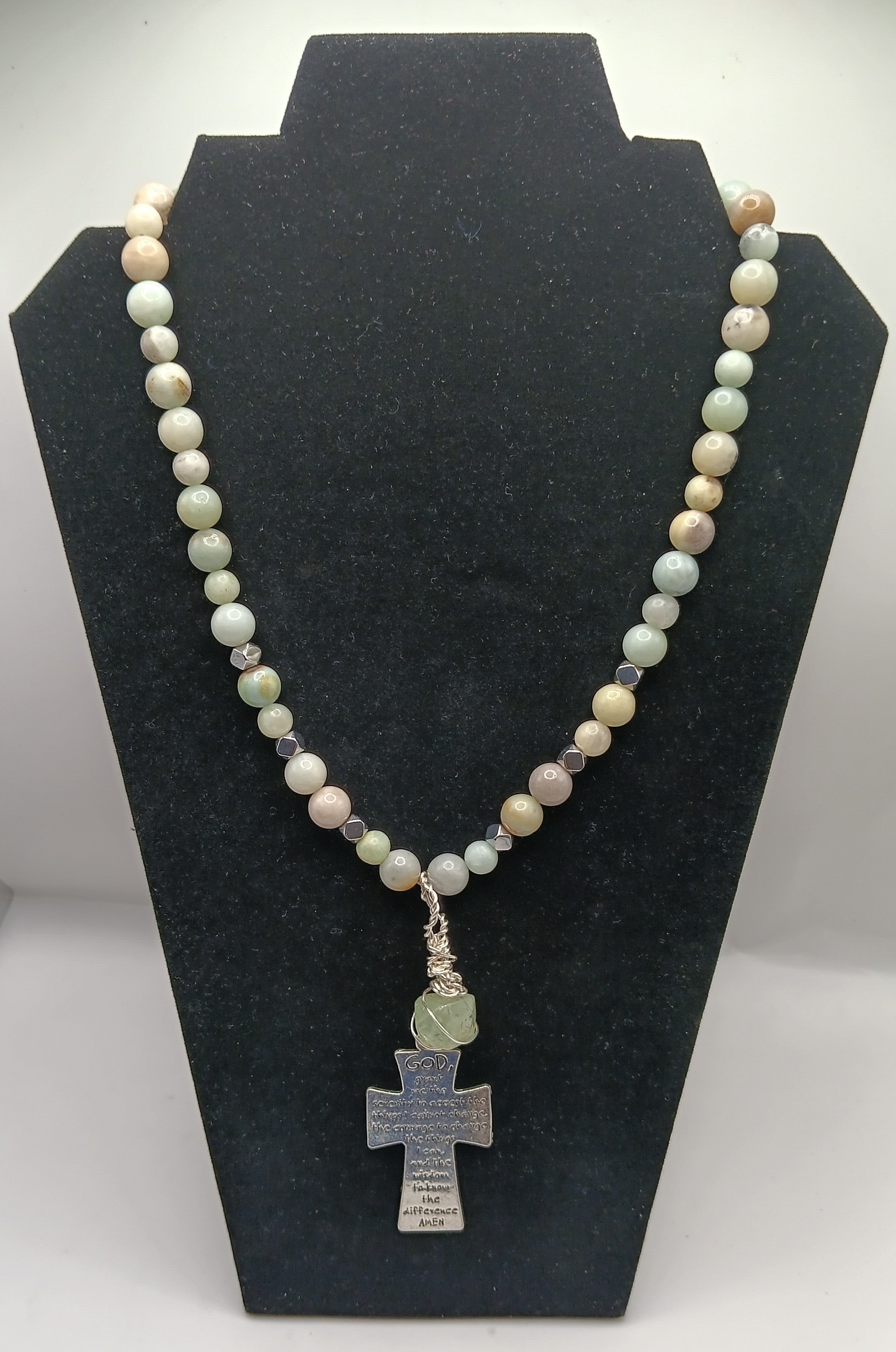 Amazonite Serenity Prayer Cross Necklace