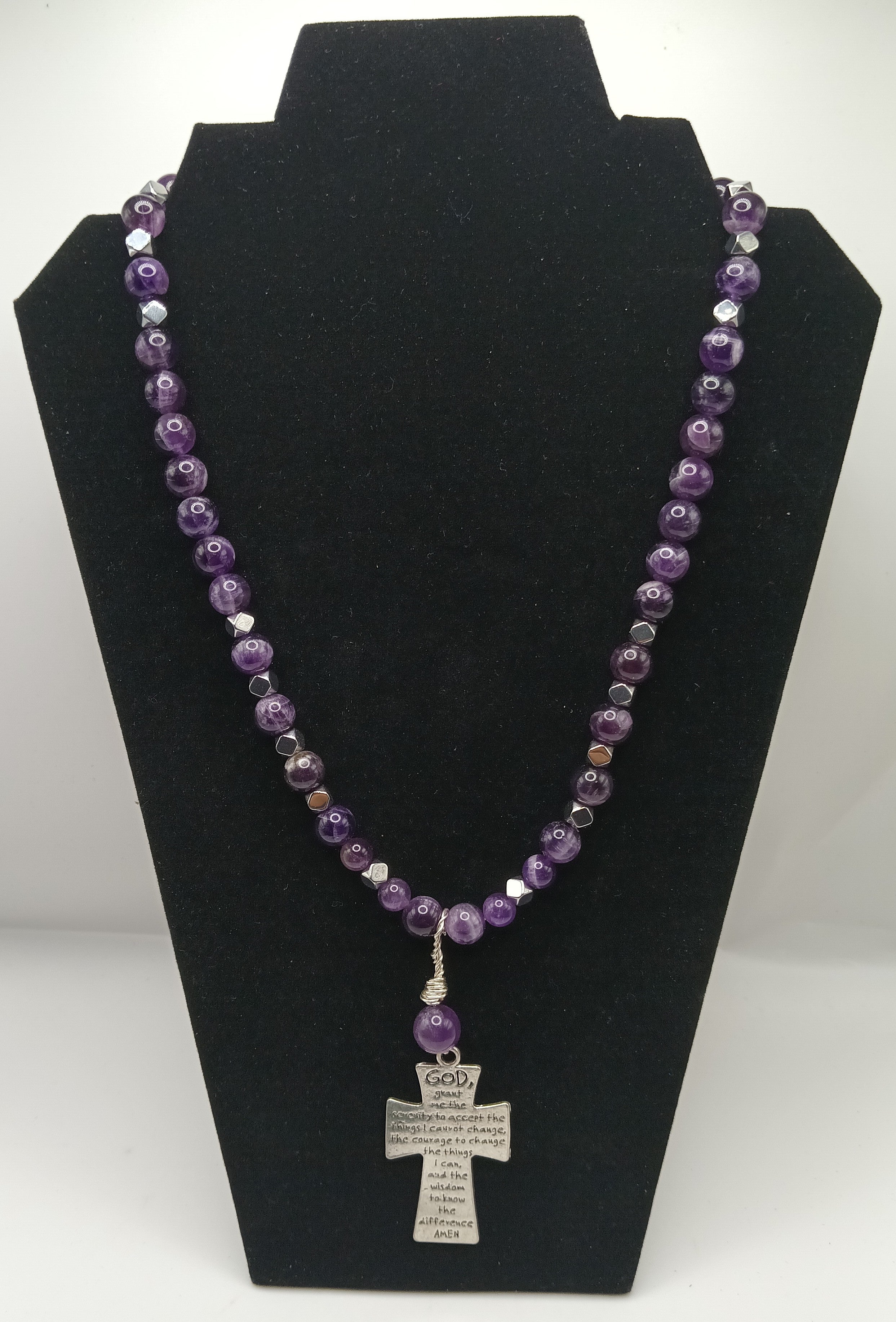Ameythst Serenity Prayer Cross Necklace