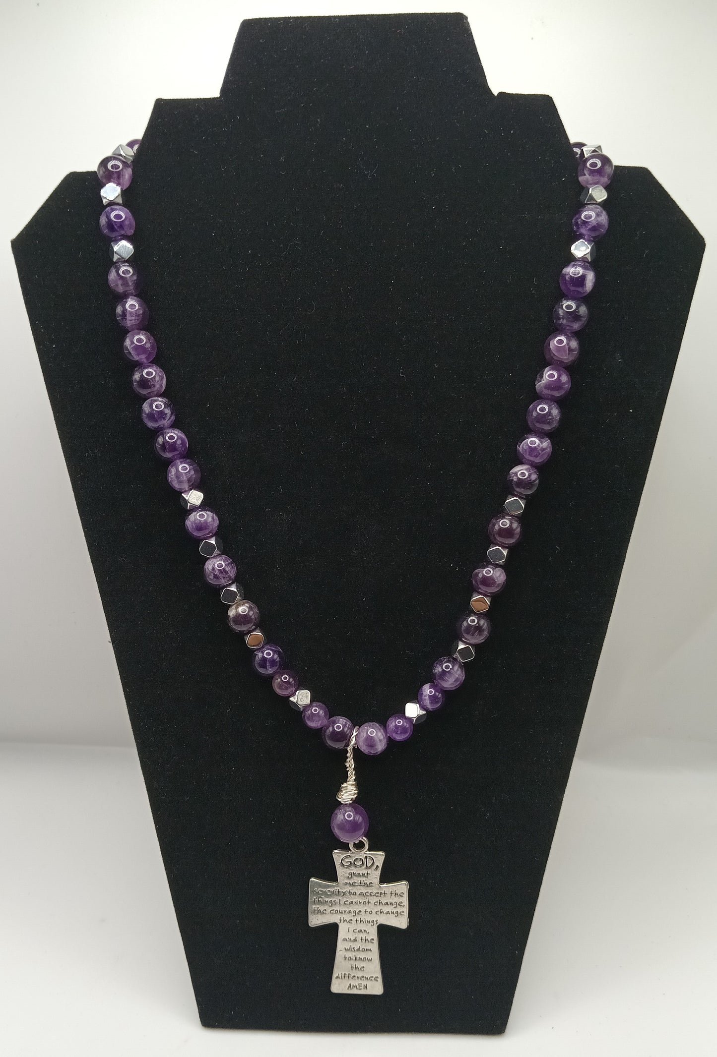 Ameythst Serenity Prayer Cross Necklace
